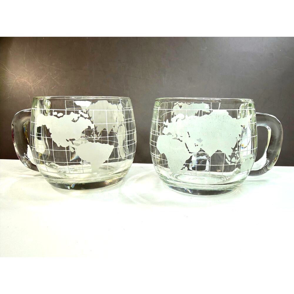 1970s Pair of Nestle Nescafe Etched World Globe Glass Coffee Mugs